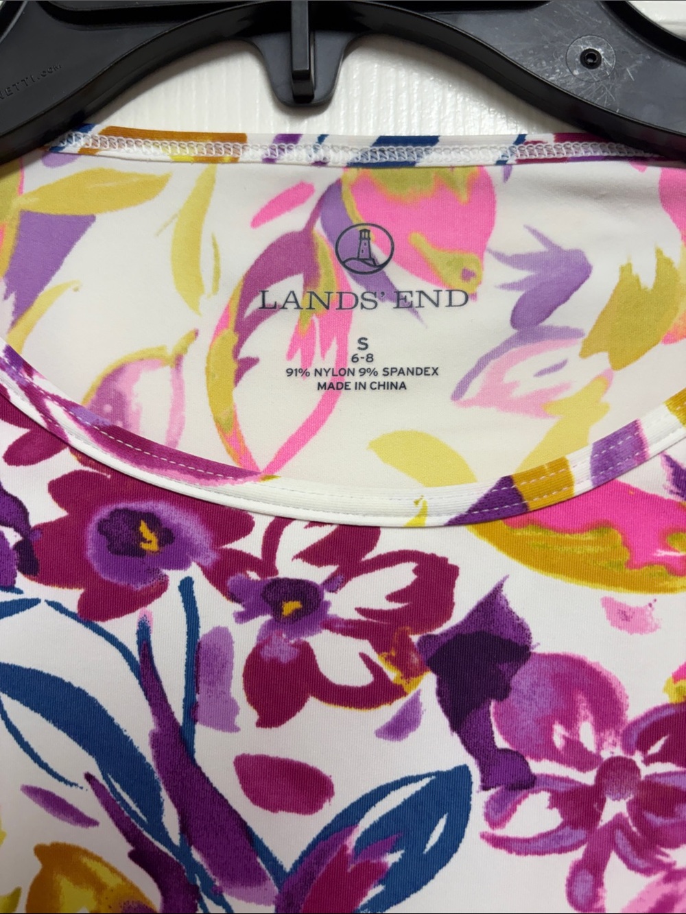 Lands End Floral Long-Sleeve Swim shirt - White with Magenta & Yellow Print - Picture 2 of 3